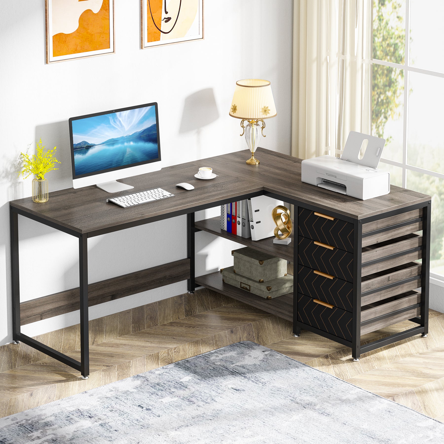 59" Reversible L-Shaped Desk with Drawers